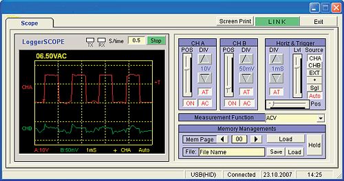Das Bild zeigt die Software zum Handoszilloskop PCE-OS 1